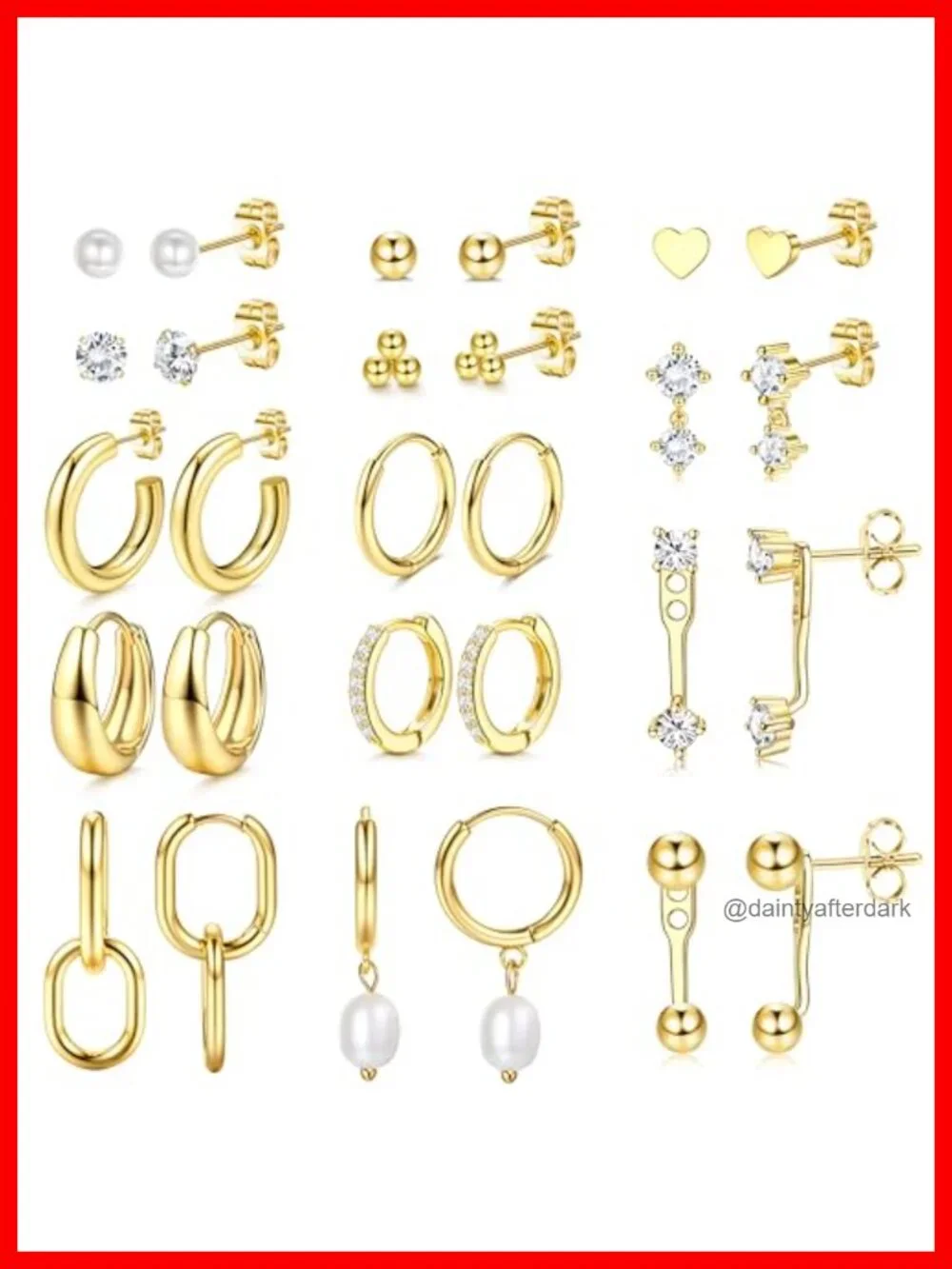14K Gold Plated Hypoallergenic Stud Hoop Earrings Set for Women - Dainty